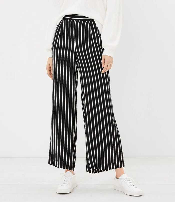 LOFT Pull On Wide Leg Crop Pants In Stripe Black Women Pants