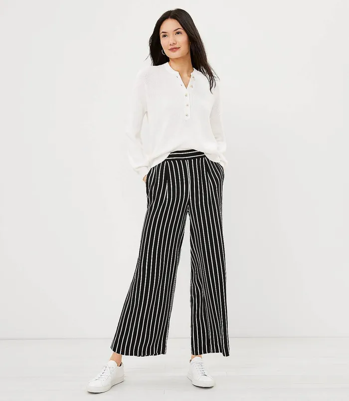 LOFT Pull On Wide Leg Crop Pants In Stripe Black Women Pants