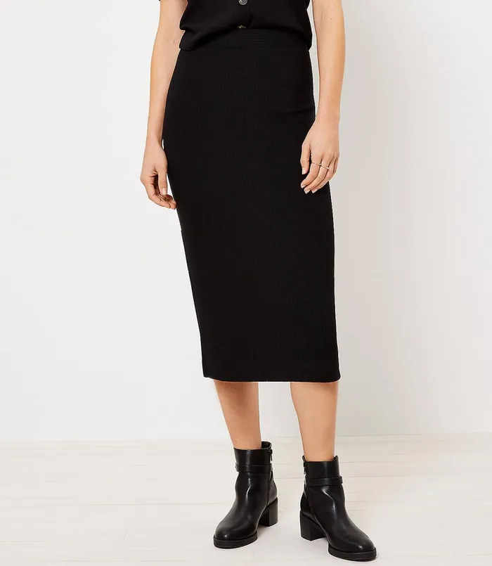 LOFT Ribbed Pull On Midi Skirt Black Women Skirts