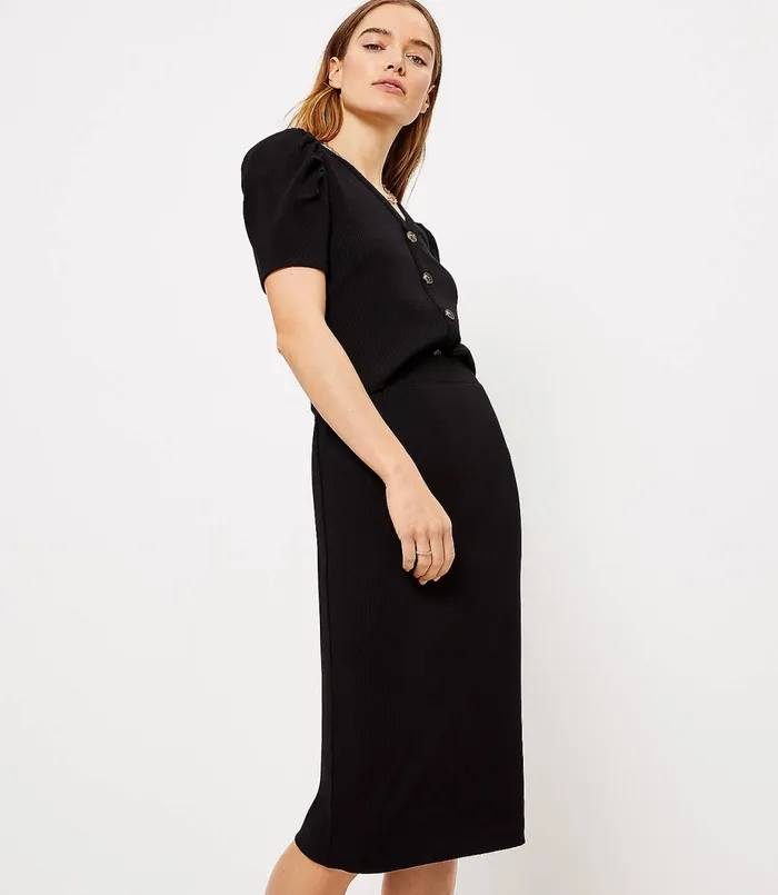 LOFT Ribbed Pull On Midi Skirt Black Women Skirts