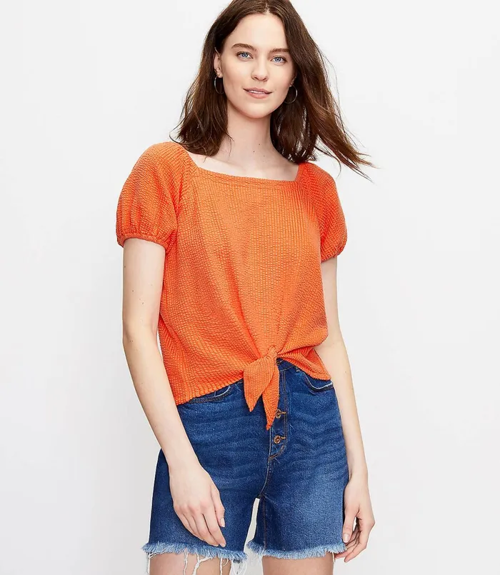 LOFT Seersucker Tie Front Square Neck Top Orange Spritz Women Loungewear