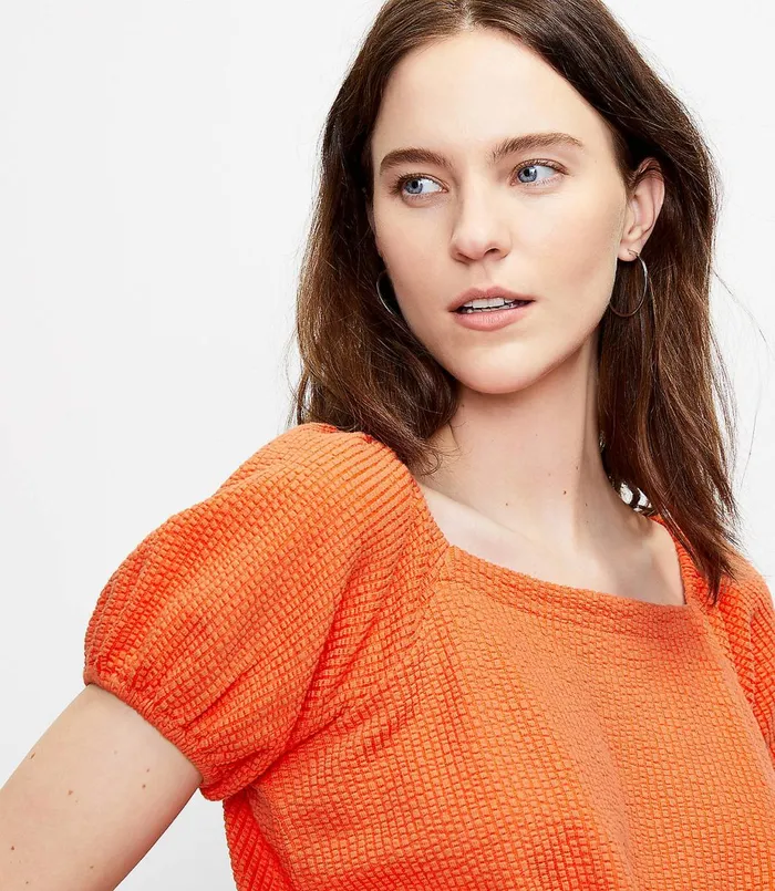 LOFT Seersucker Tie Front Square Neck Top Orange Spritz Women Loungewear