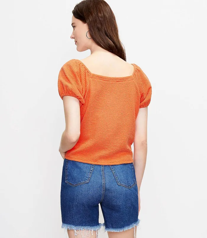 LOFT Seersucker Tie Front Square Neck Top Orange Spritz Women Loungewear
