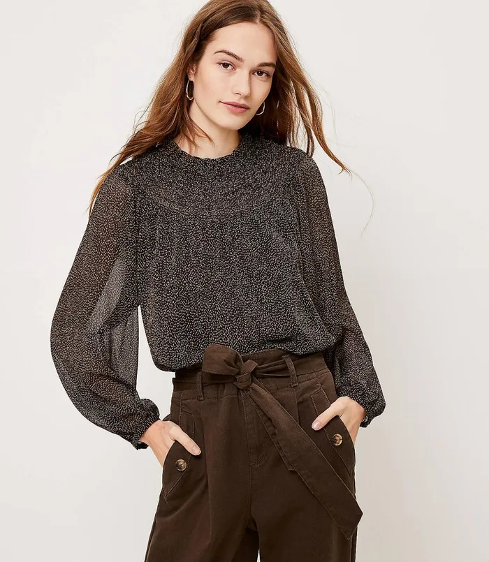 LOFT Smocked Yoke Blouse Black Women Tops