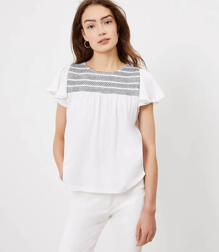 LOFT Smocked Yoke Flutter Top Black Women Tees