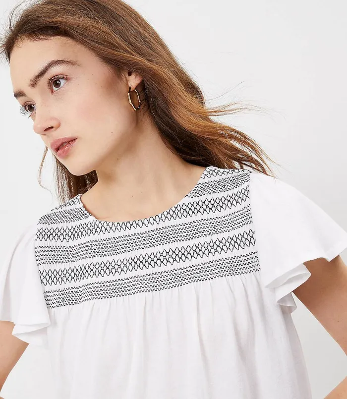 LOFT Smocked Yoke Flutter Top Black Women Tees