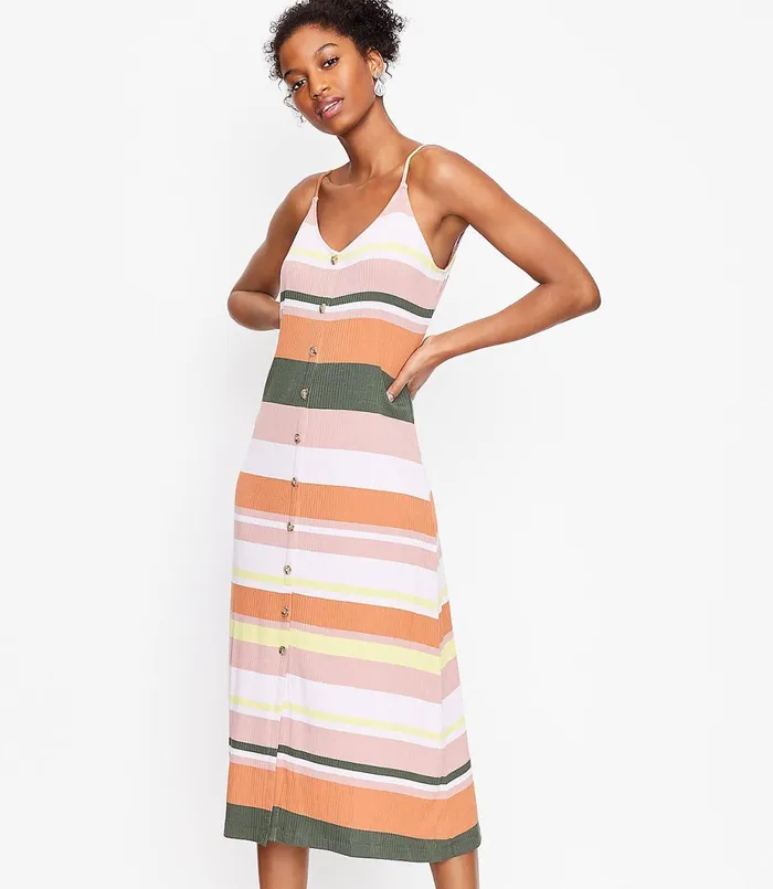 LOFT Striped Button Strappy Midi Dress Whisper White Women Midi and Maxi