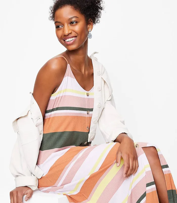 LOFT Striped Button Strappy Midi Dress Whisper White Women Midi and Maxi