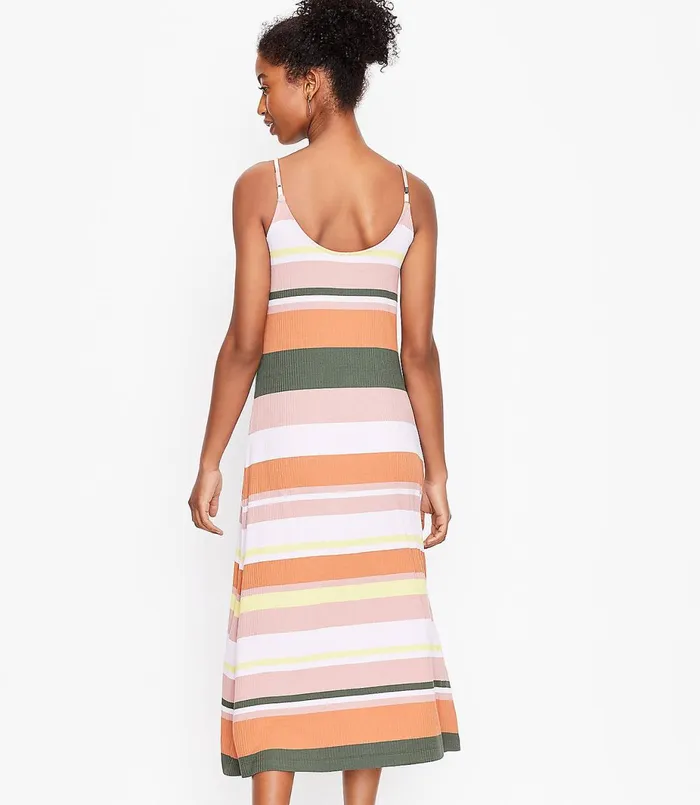 LOFT Striped Button Strappy Midi Dress Whisper White Women Midi and Maxi
