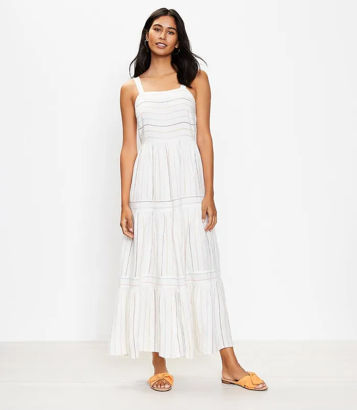 LOFT Striped Tiered Maxi Dress Whisper White Women Swing Dresses