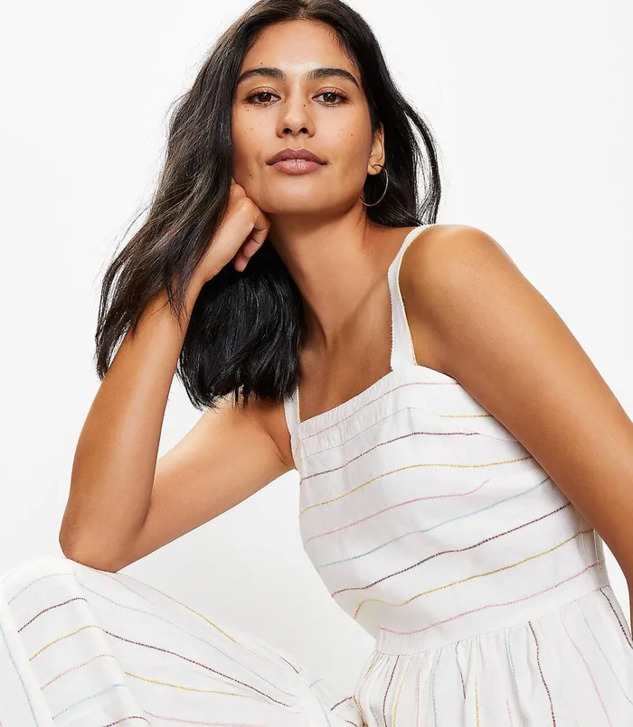 LOFT Striped Tiered Maxi Dress Whisper White Women Swing Dresses