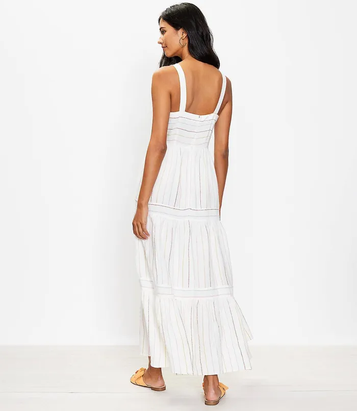 LOFT Striped Tiered Maxi Dress Whisper White Women Swing Dresses