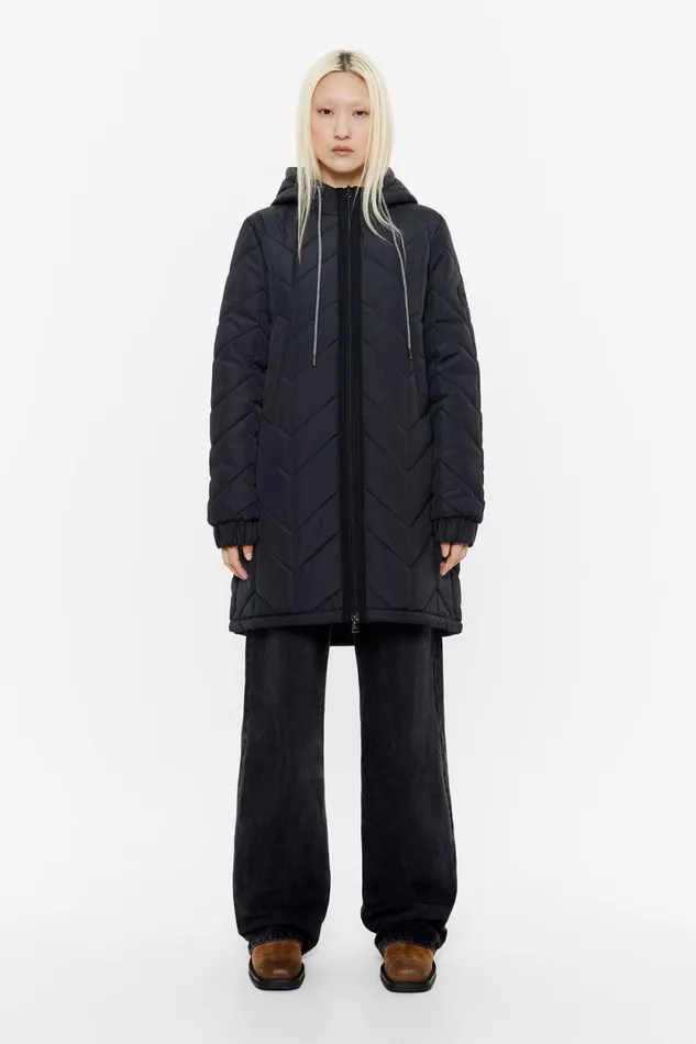 Long Black Straight Cut Padded Coat Black Women Bimba Y Lola Puffer Jackets