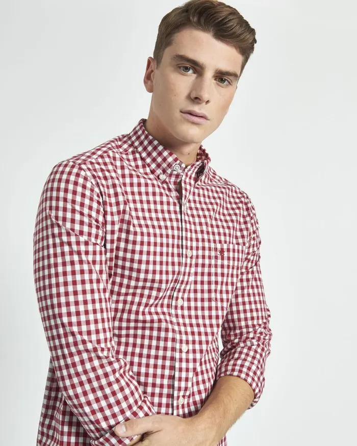 Men Ben Sherman Heritage Check Shirts House Poplin Gingham Shirt 8211 Merlot