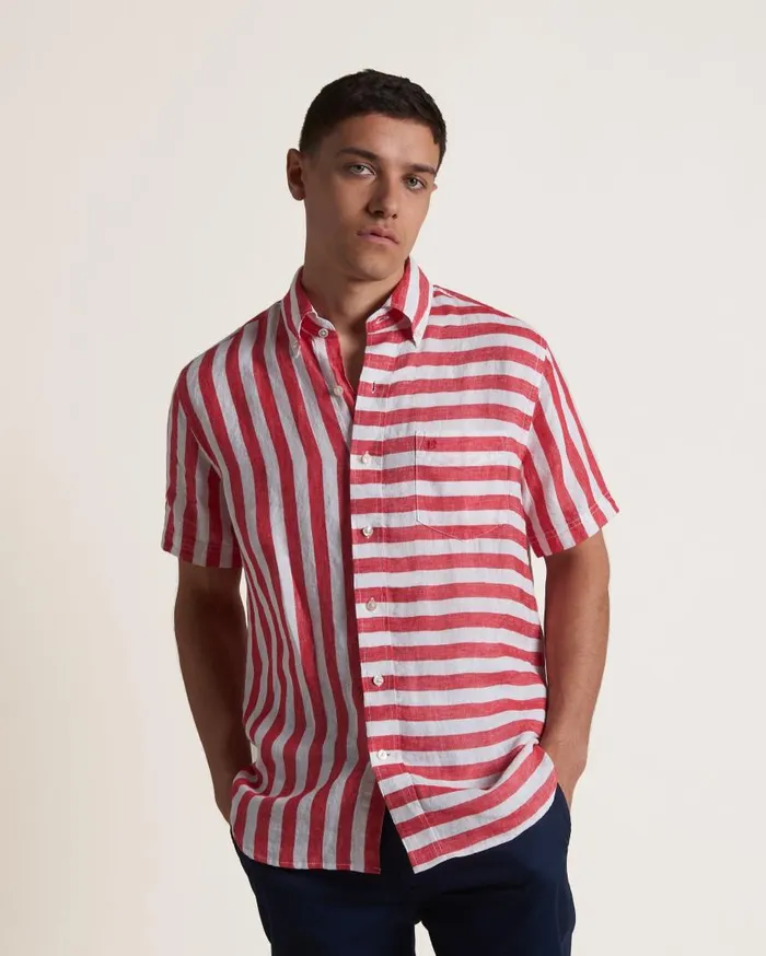 Men Ben Sherman Short Sleeve Shirts B By Candy Stripe Linen Short Sleeve Shirt 8211 RedEcru