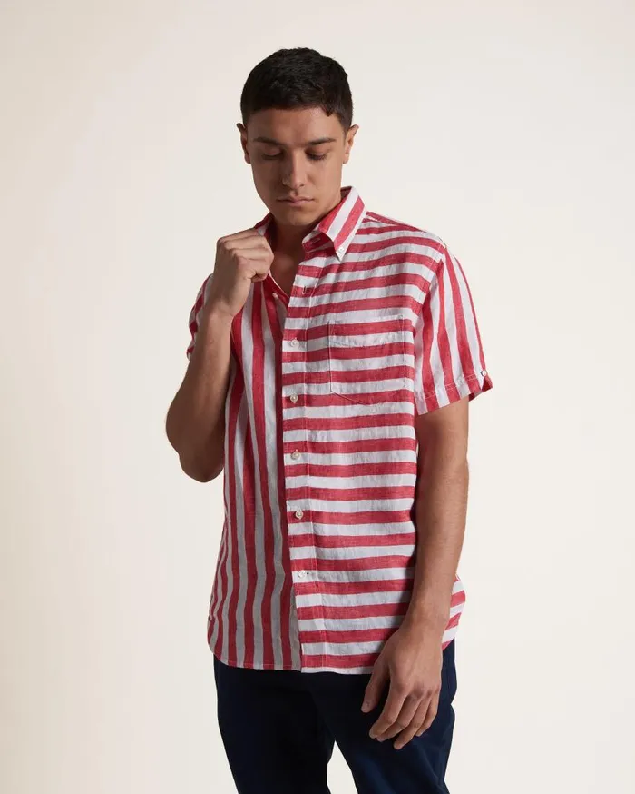 Men Ben Sherman Short Sleeve Shirts B By Candy Stripe Linen Short Sleeve Shirt 8211 RedEcru Men Ben Sherman Short Sleeve Shirts B By Candy Stripe Linen Short Sleeve Shirt 8211 RedEcru