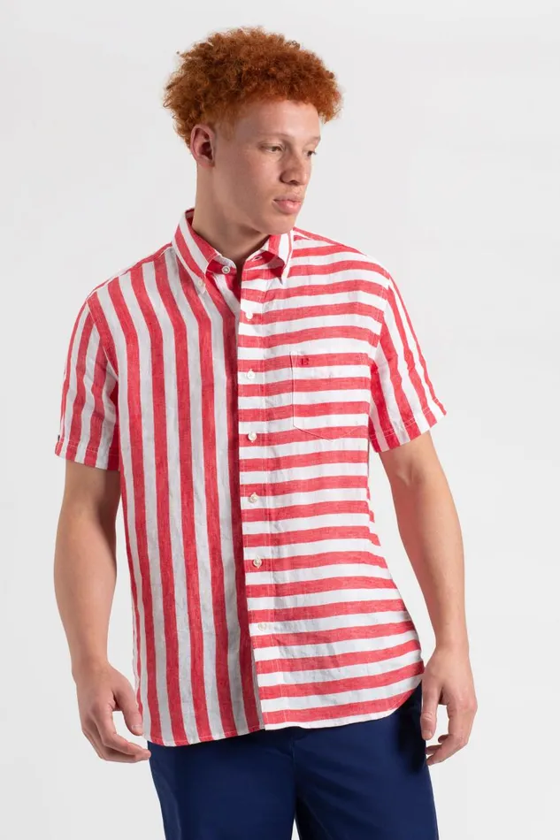 Men Ben Sherman Short Sleeve Shirts B By Candy Stripe Linen Short Sleeve Shirt 8211 RedEcru Men Ben Sherman Short Sleeve Shirts B By Candy Stripe Linen Short Sleeve Shirt 8211 RedEcru