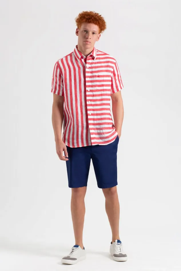 Men Ben Sherman Short Sleeve Shirts B By Candy Stripe Linen Short Sleeve Shirt 8211 RedEcru Men Ben Sherman Short Sleeve Shirts B By Candy Stripe Linen Short Sleeve Shirt 8211 RedEcru