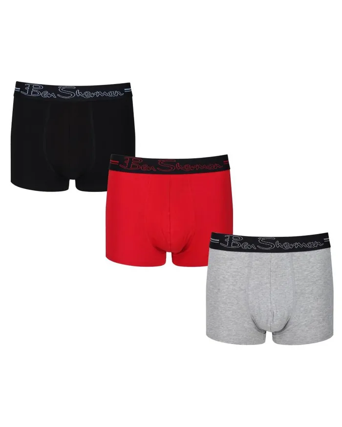 Men Ben Sherman Underwear Clay 3Pack Fitted NoFly BoxerBriefs 8211 BlackGrey MarlRed