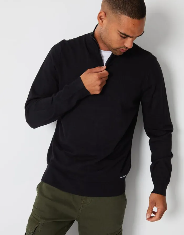 Men Black Funnel Neck Quarter Zip Knitted Jumper Threadbare Jumpers