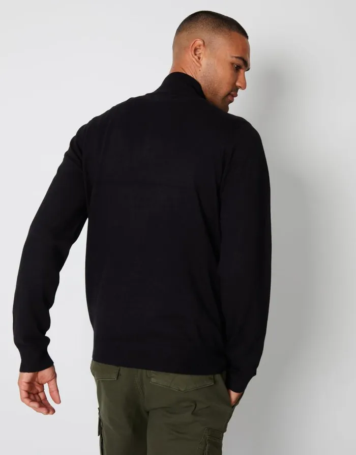 Men Black Funnel Neck Quarter Zip Knitted Jumper Threadbare Jumpers Men Black Funnel Neck Quarter Zip Knitted Jumper Threadbare Jumpers