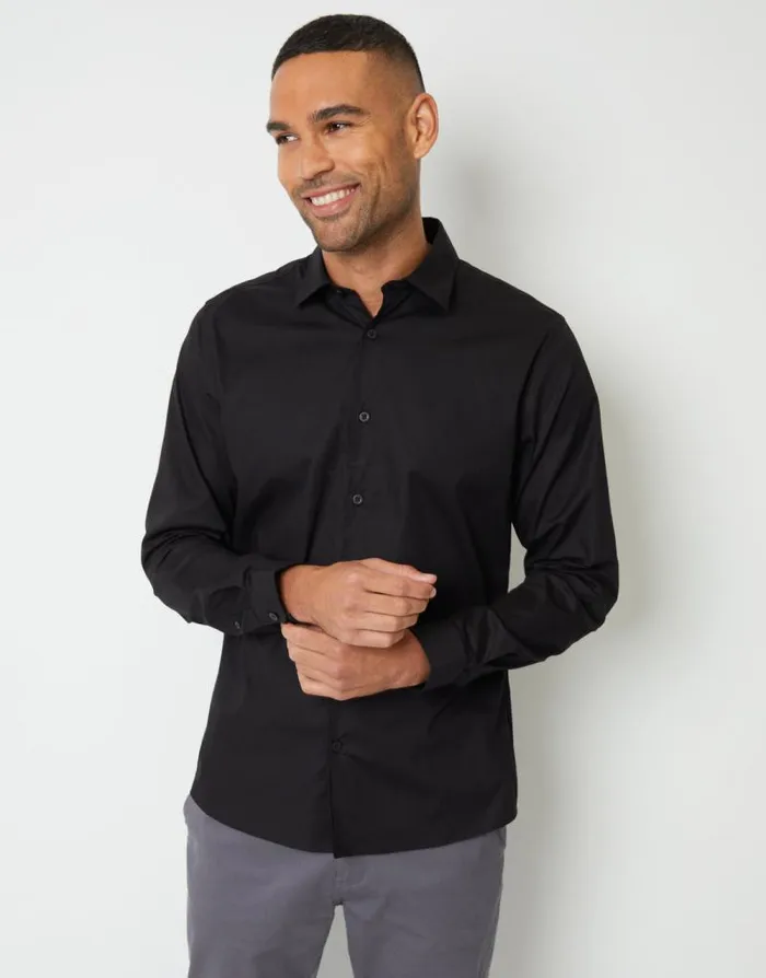 Men Black Stretch Cotton Poplin Slim Fit Long Sleeve Shirt Threadbare Shirts
