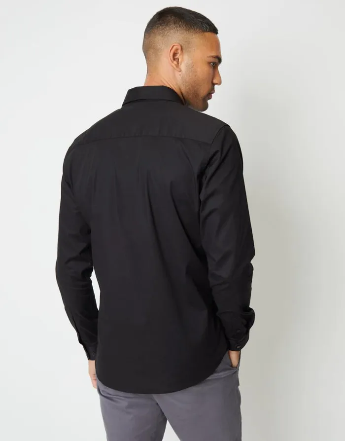 Men Black Stretch Cotton Poplin Slim Fit Long Sleeve Shirt Threadbare Shirts