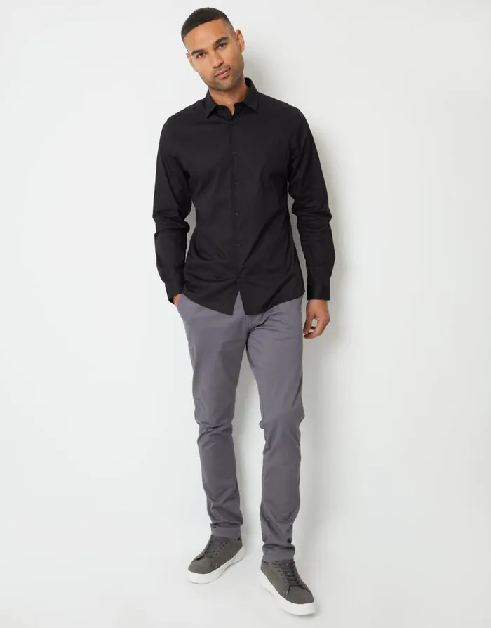 Men Black Stretch Cotton Poplin Slim Fit Long Sleeve Shirt Threadbare Shirts