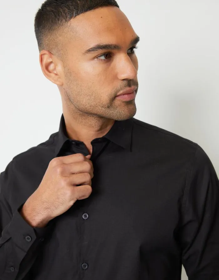 Men Black Stretch Cotton Poplin Slim Fit Long Sleeve Shirt Threadbare Shirts