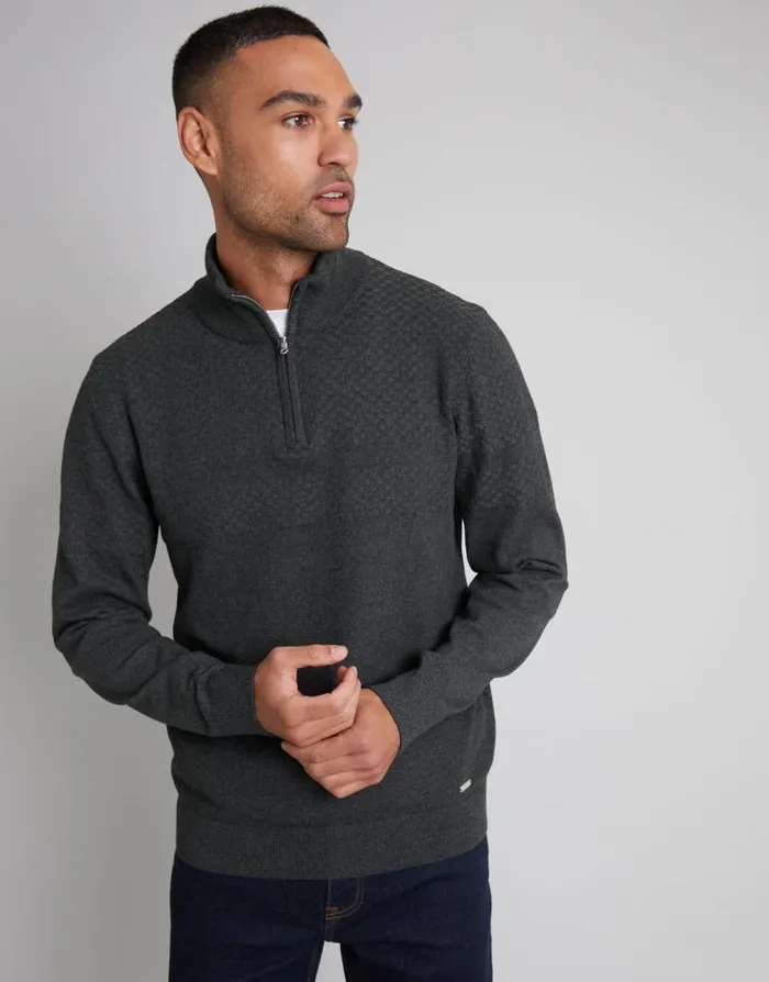 Men Charcoal Basket Stitch Detail Knitted Quarter Zip Jumper Threadbare Jumpers