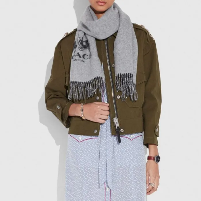 Men Hats Scarves and Gloves Coach Signature Cashmere Scarf Charcoalgrey