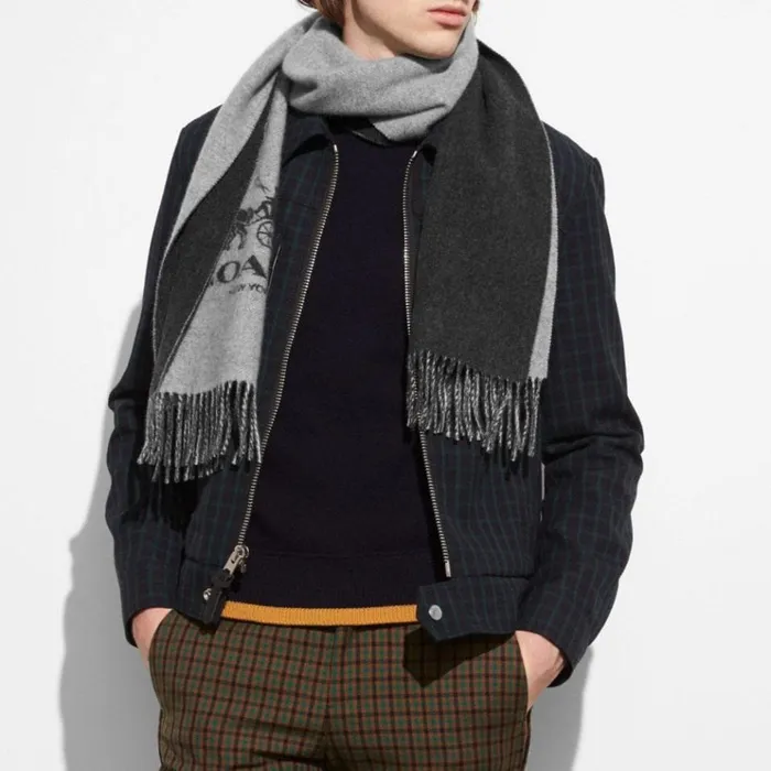 Men Hats Scarves and Gloves Coach Signature Cashmere Scarf Charcoalgrey