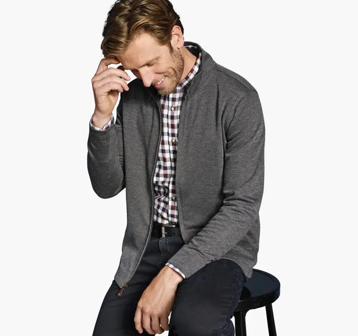 Men Houndstooth Full Zip Charcoal JohnstonandMurphy Sweaters and Knits