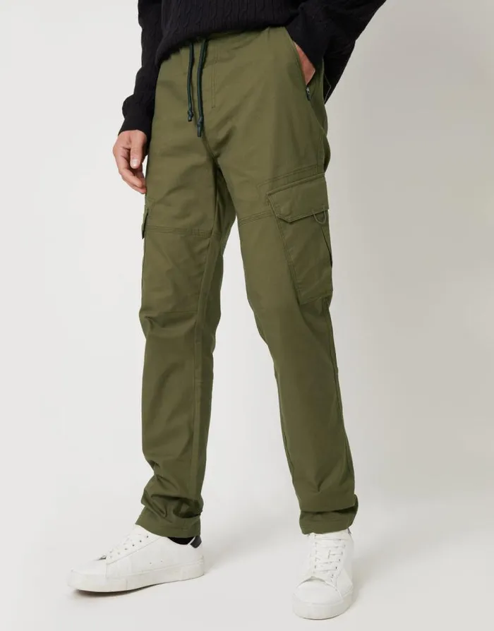 Men Khaki Drawcord Cargo Trousers Threadbare Cargo