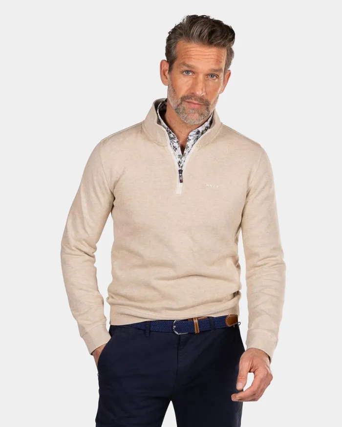 Men Knitwear NZA New Zealand Auckland Beige Half Zip Sweat 8211 Oat Sand