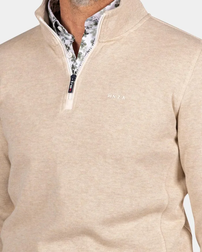 Men Knitwear NZA New Zealand Auckland Beige Half Zip Sweat 8211 Oat Sand
