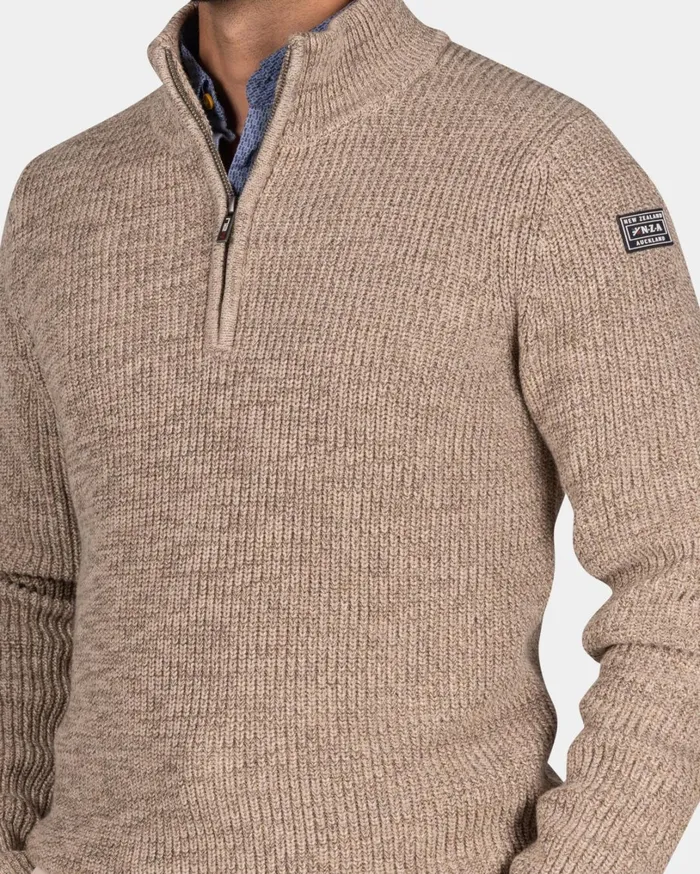 Men Knitwear NZA New Zealand Auckland Mottled Brown HalfZip Sweater 8211 Chestnut