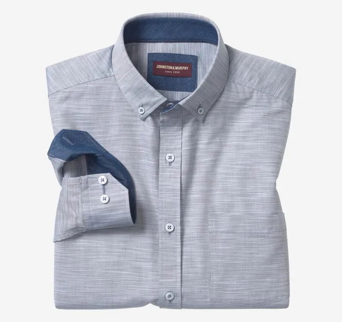 Men LongSleeve Twill Checked Shirt Bluegray Striated Oxford JohnstonandMurphy Shirts