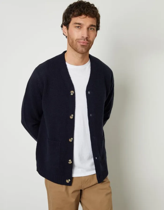 Men Navy Knitted VNeck Cardigan Threadbare Cardigans