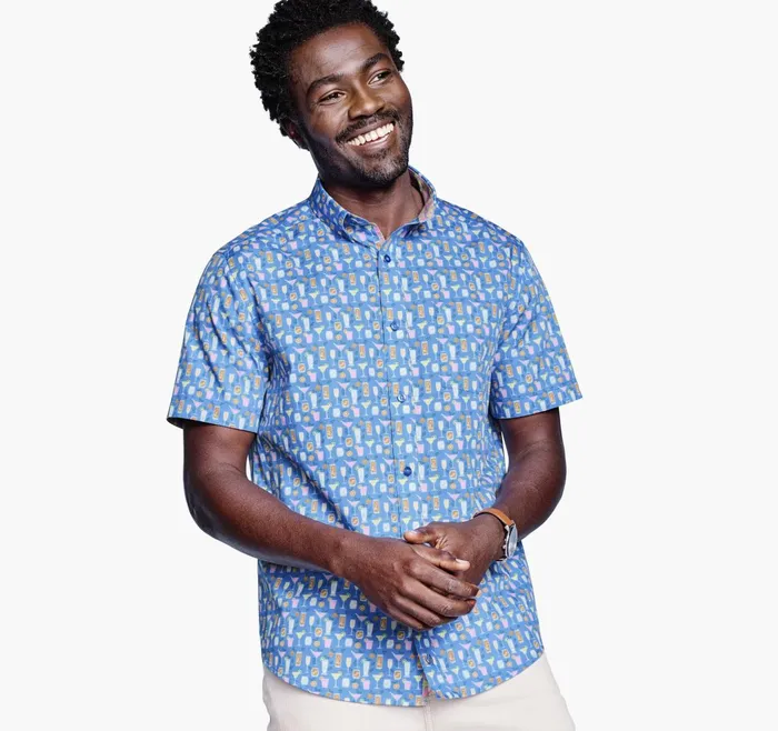 Men Printed Cotton ShortSleeve Shirt Blue Cocktail JohnstonandMurphy ShortSleeve Shirts