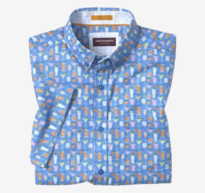 Men Printed Cotton ShortSleeve Shirt Blue Cocktail JohnstonandMurphy ShortSleeve Shirts