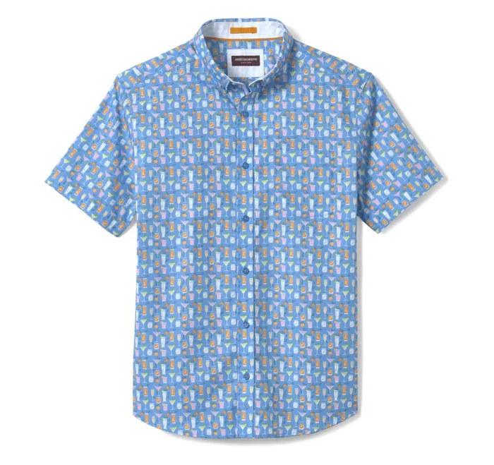 Men Printed Cotton ShortSleeve Shirt Blue Cocktail JohnstonandMurphy ShortSleeve Shirts
