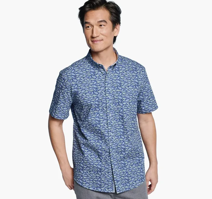 Men Printed Cotton ShortSleeve Shirt Navy Fishbone JohnstonandMurphy ShortSleeve Shirts