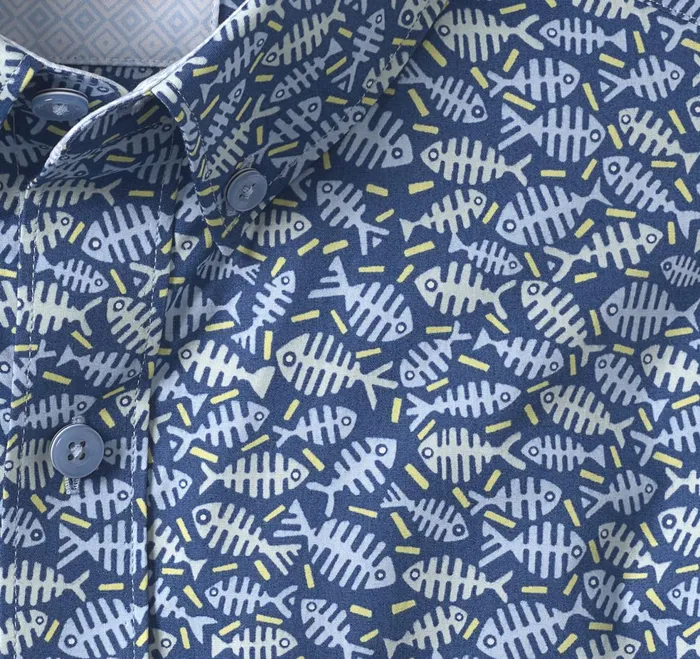 Men Printed Cotton ShortSleeve Shirt Navy Fishbone JohnstonandMurphy ShortSleeve Shirts