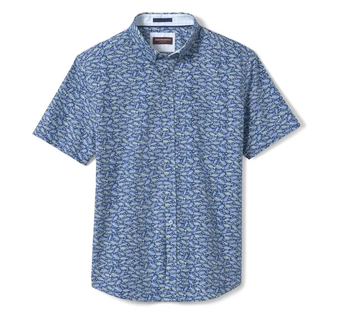Men Printed Cotton ShortSleeve Shirt Navy Fishbone JohnstonandMurphy ShortSleeve Shirts