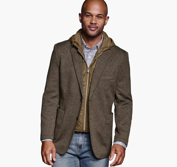 Men Removable HoodedBib Knit Blazer Camelnavy JohnstonandMurphy Blazers