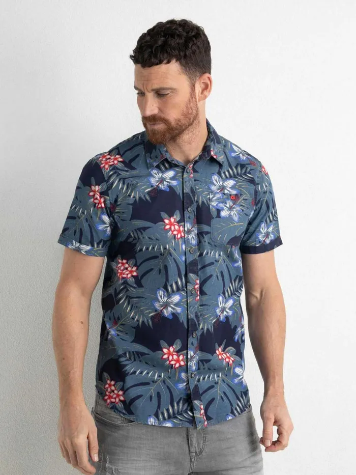 Men Shirts Petrol Industries Botanical ShortSleeved Shirt Petrol Blue