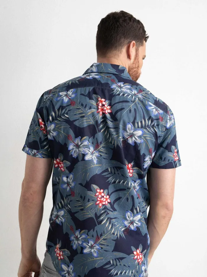 Men Shirts Petrol Industries Botanical ShortSleeved Shirt Petrol Blue