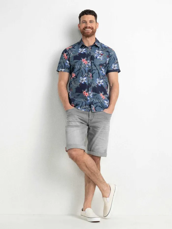 Men Shirts Petrol Industries Botanical ShortSleeved Shirt Petrol Blue