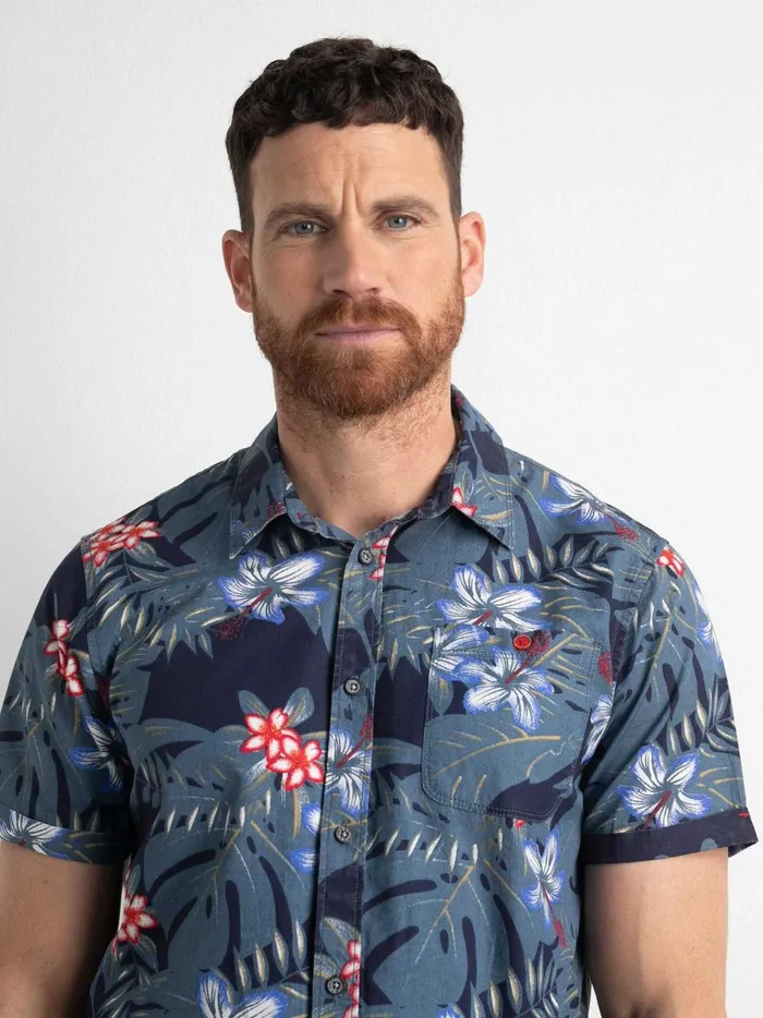 Men Shirts Petrol Industries Botanical ShortSleeved Shirt Petrol Blue